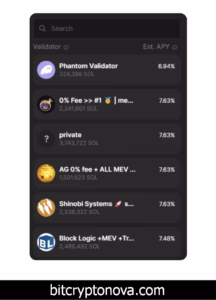 Selecting a validator for native staking in Phantom wallet, showing validators ranked by staked SOL and estimated APY