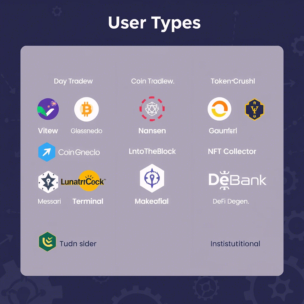 Icons and logos of crypto tools grouped by user type like Day Trader, Investor, NFT Collector and more