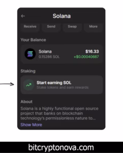 Clicking “Start earning SOL” to begin staking in the Phantom wallet