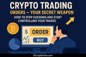 Crypto trading orders – trader analyzing charts and order button on computer screen