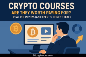Crypto courses in 2025 – man learning online about Bitcoin and real ROI
