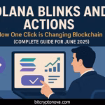 Solana Blinks and Actions – man using laptop with Solana logo and one-click blockchain tools