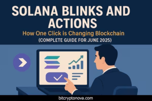 Solana Blinks and Actions – man using laptop with Solana logo and one-click blockchain tools