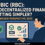 Rubic (RBC) DeFi platform – man using laptop with Rubic logo, charts, and simplified finance tools