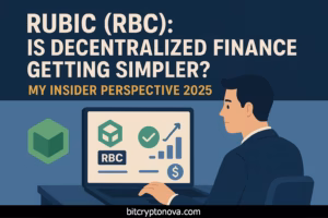Rubic (RBC) DeFi platform – man using laptop with Rubic logo, charts, and simplified finance tools