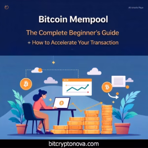 Bitcoin mempool guide – user with laptop monitoring pending blockchain transactions and acceleration icons