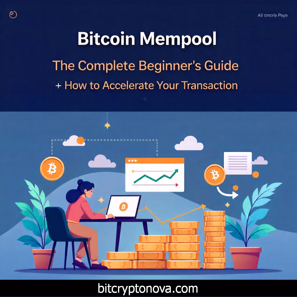Bitcoin mempool guide – user with laptop monitoring pending blockchain transactions and acceleration icons