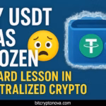 Frozen USDT wallet illustration with warning emoji and bold text about centralized crypto risks