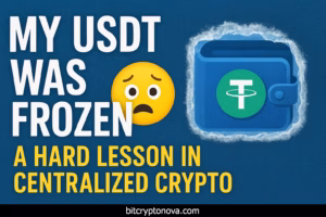 Frozen USDT wallet illustration with warning emoji and bold text about centralized crypto risks