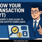 Know Your Transaction (KYT) 2025 guide illustration showing expert with laptop and crypto compliance icons