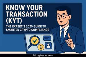 Know Your Transaction (KYT) 2025 guide illustration showing expert with laptop and crypto compliance icons