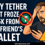 Man shocked while checking phone with warning sign and Tether logo freeze symbol, illustrating frozen $85K in USDT