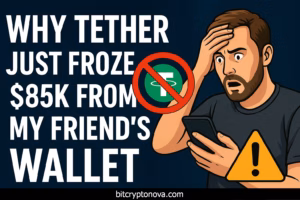 Man shocked while checking phone with warning sign and Tether logo freeze symbol, illustrating frozen $85K in USDT