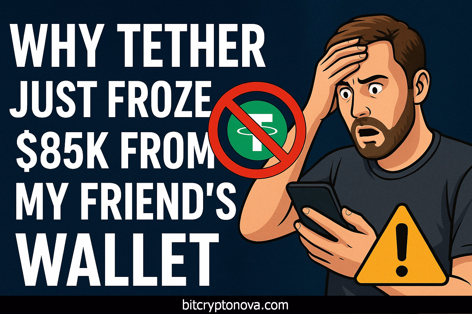 Man shocked while checking phone with warning sign and Tether logo freeze symbol, illustrating frozen $85K in USDT